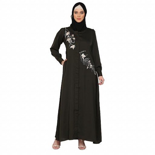 Front Open cuff sleeves  Embroidery Abaya - Olive Green